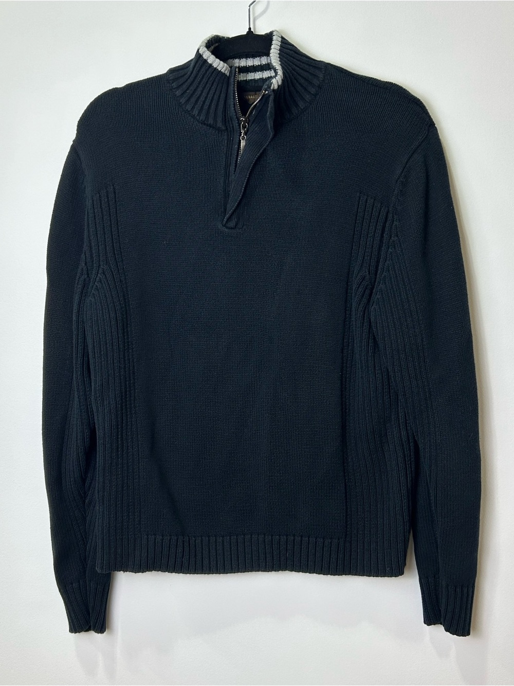 Men's Navy Half-Zip Rib Knit Sweater with Contrast Collar - Picture 6 of 6